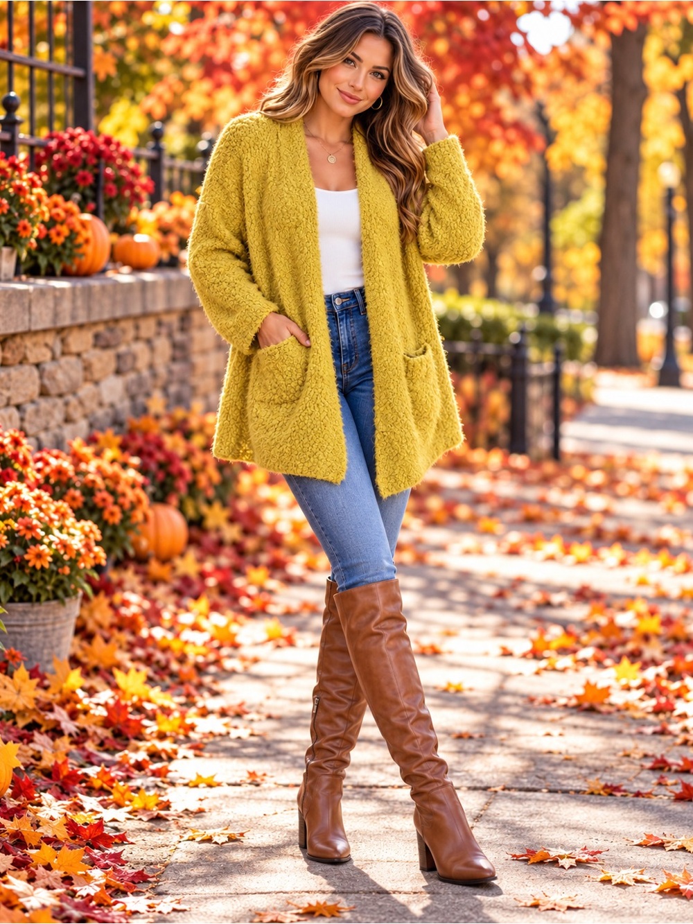 Love Tree Mustard Fuzzy bouclé Open Front Cardigan Sweater Pockets L